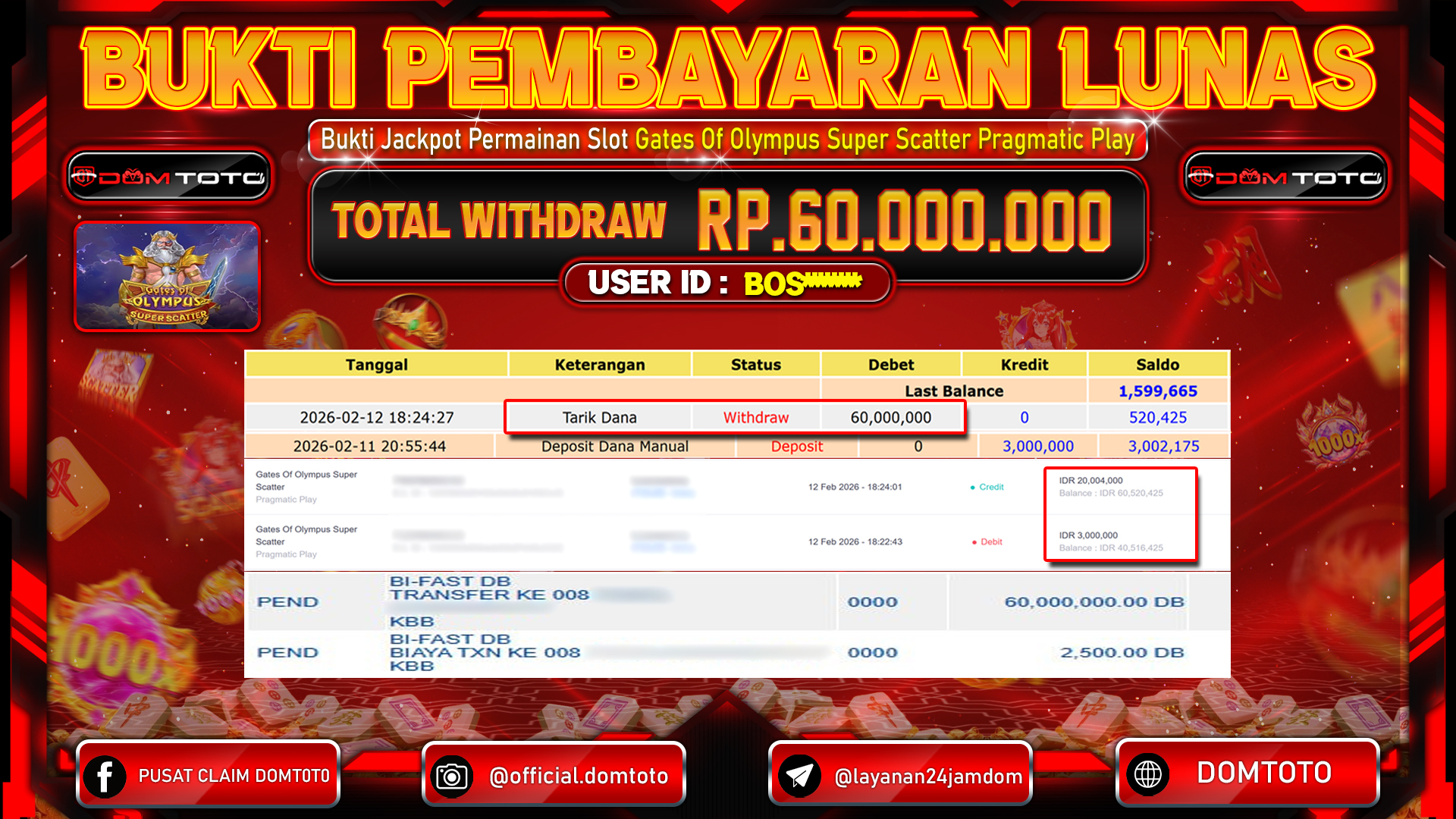 JACKPOT SLOT Menang Slot Gates Of Olympus Super Scatter Pragmatic Play 12 FEBRUARI 2026